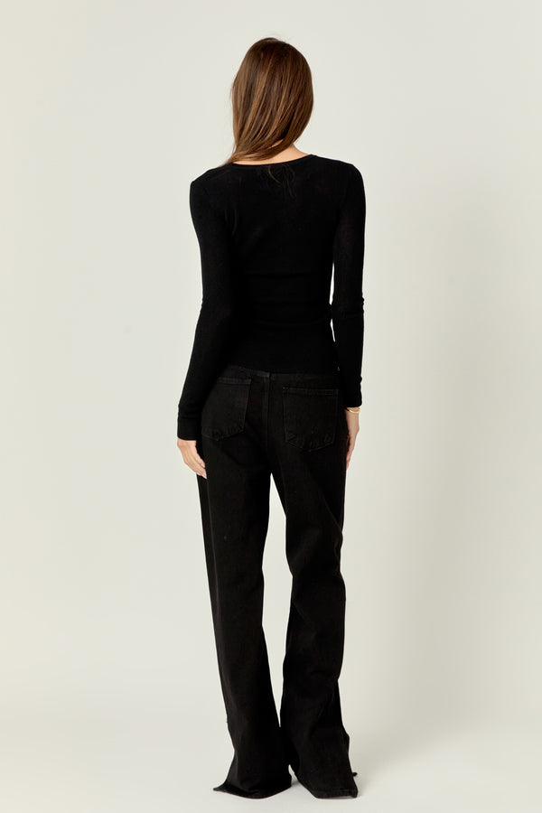 English Factory Loose Knit Long Sleeve Top BLACK