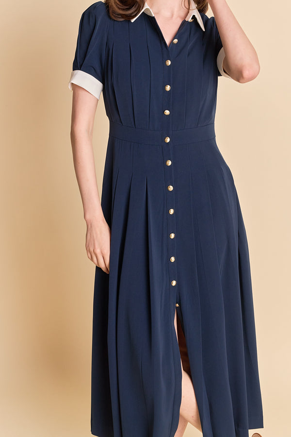 English Factory Luna Pleated Midi Dress NAVY/WHITE