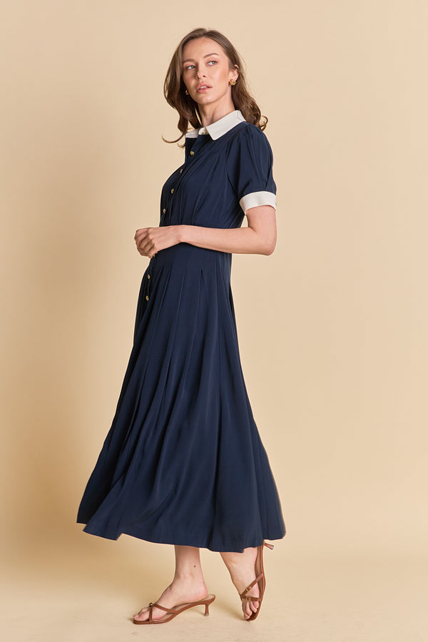 English Factory Luna Pleated Midi Dress NAVY/WHITE