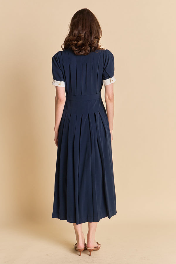 English Factory Luna Pleated Midi Dress NAVY/WHITE