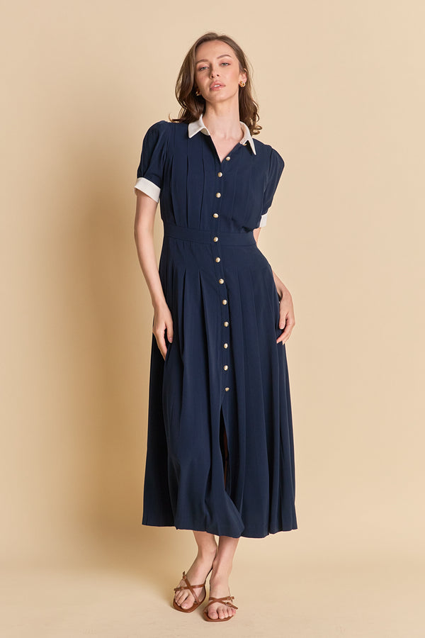 english factory Luna Pleated Midi Dress NAVY/WHITE