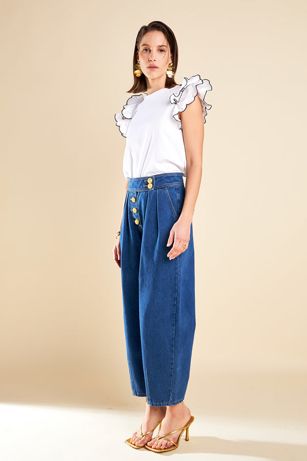 English Factory Merrow Stitch Ruffle Top WHITE