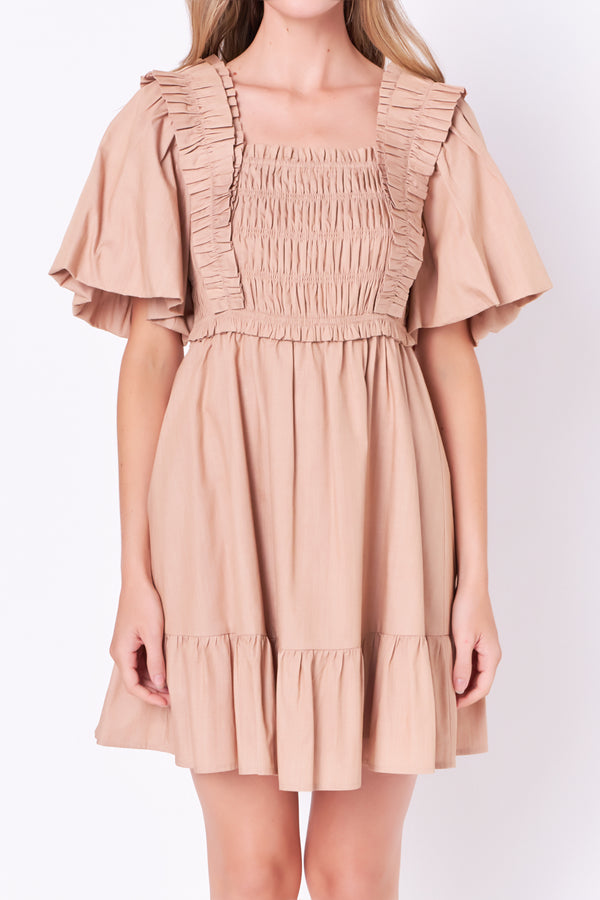 English Factory Mini Dress With Puff Sleeves TAUPE