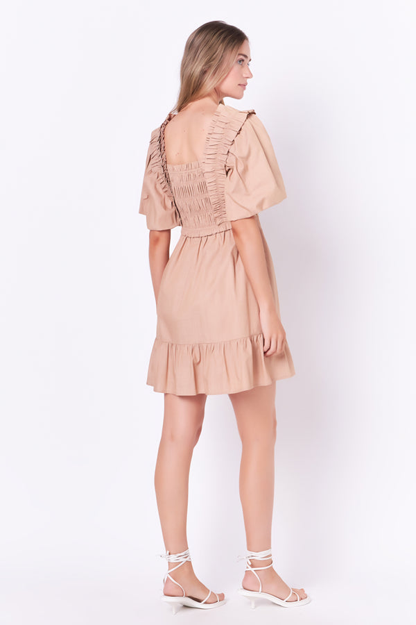 English Factory Mini Dress With Puff Sleeves TAUPE
