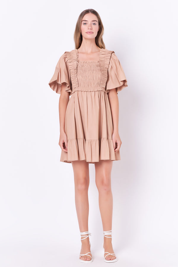english factory Mini Dress with Puff Sleeves TAUPE
