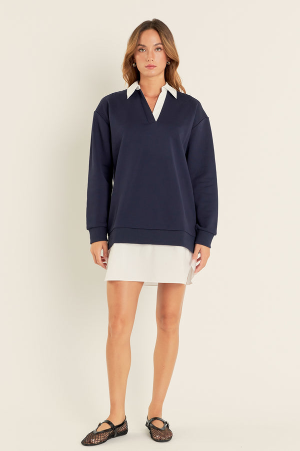 english factory Mix Media Dress NAVY/WHITE