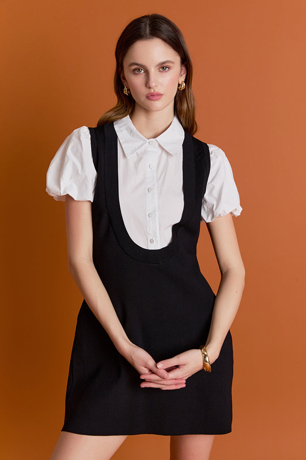 english factory Mixed Media Mini Dress BLACK/WHITE