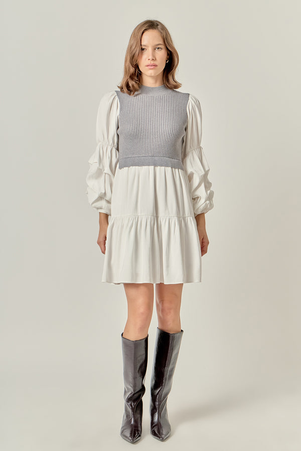 english factory Mixed Media Mini Dress IVORY/WHITE