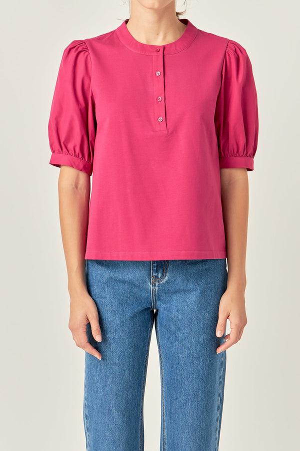 English Factory Mixed Media Puff Sleeve Top BERRY