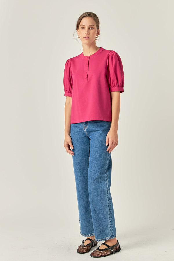 English Factory Mixed Media Puff Sleeve Top BERRY