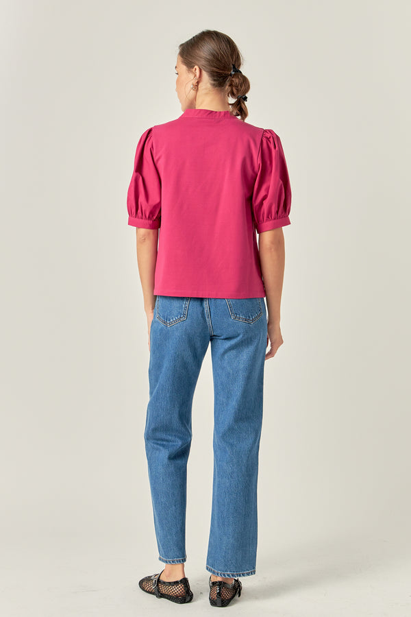 English Factory Mixed Media Puff Sleeve Top BERRY