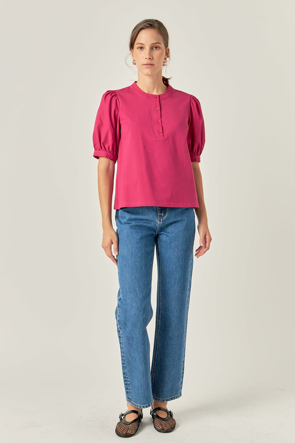 english factory Mixed Media Puff Sleeve Top BERRY