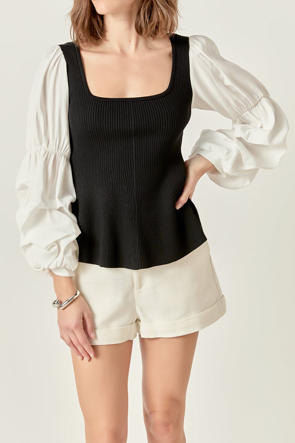 English Factory Mixed Media Ribbed Top BLACK/WHITE