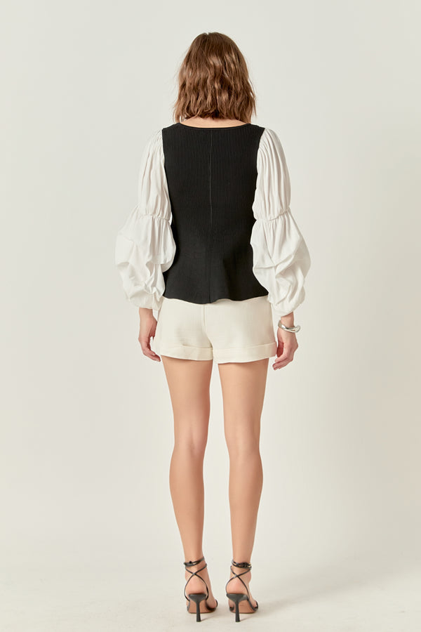 English Factory Mixed Media Ribbed Top BLACK/WHITE