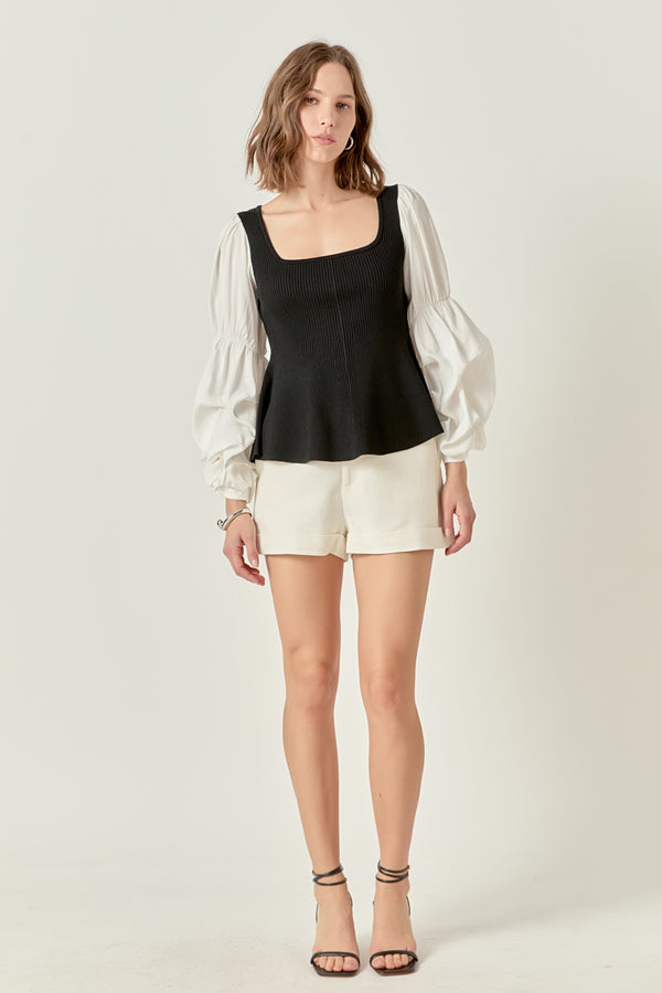 english factory Mixed Media Ribbed Top BLACK/WHITE