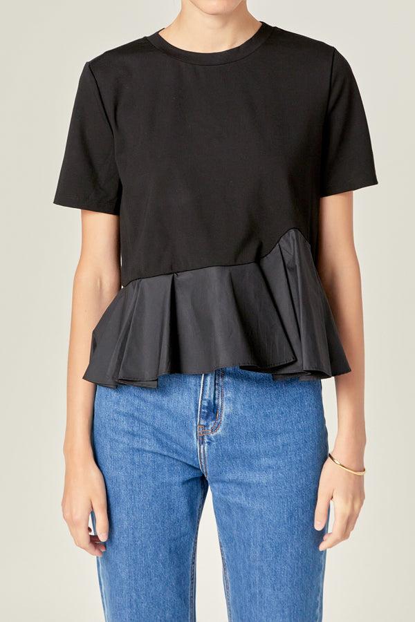 English Factory Mixed Media Ruffled Top BLACK