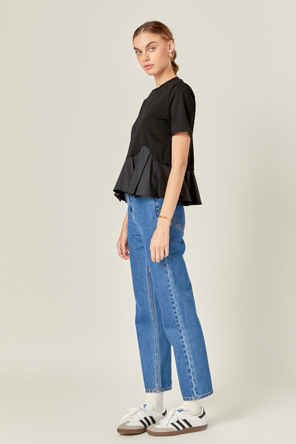 English Factory Mixed Media Ruffled Top BLACK