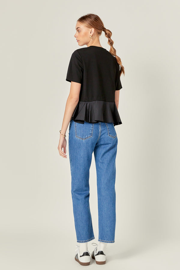 English Factory Mixed Media Ruffled Top BLACK