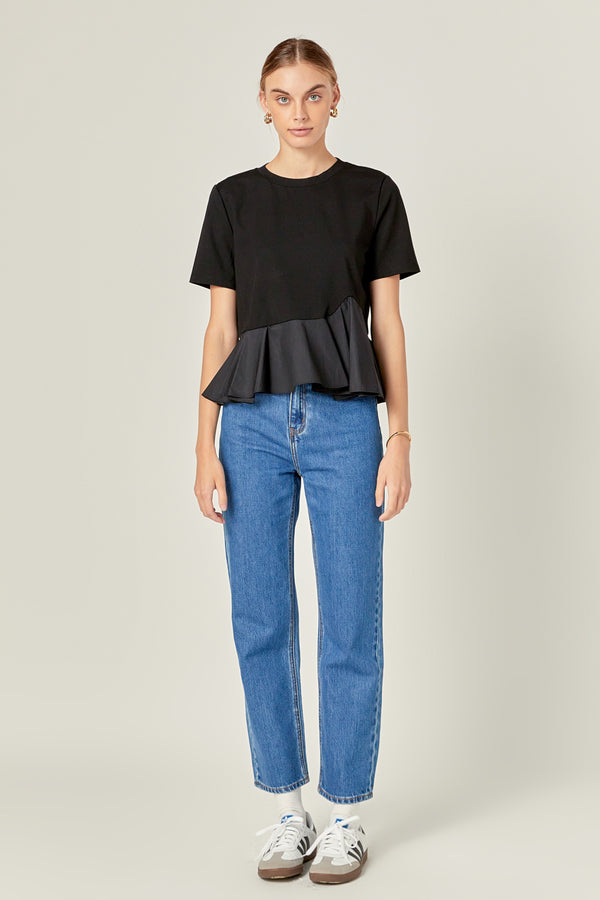 english factory Mixed Media Ruffled Top BLACK