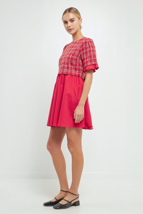 English Factory Mixed Media Tweed Mini Dress RED