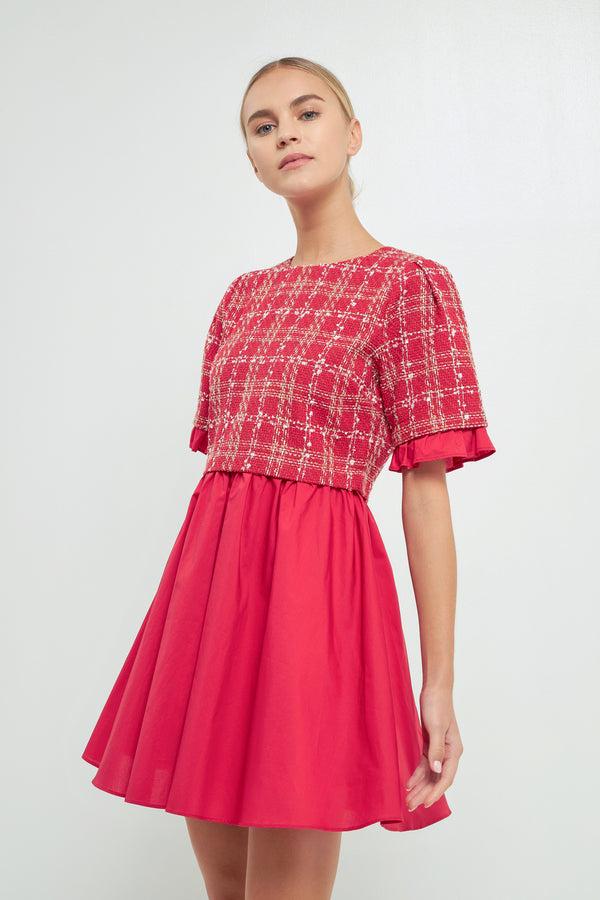 English Factory Mixed Media Tweed Mini Dress RED