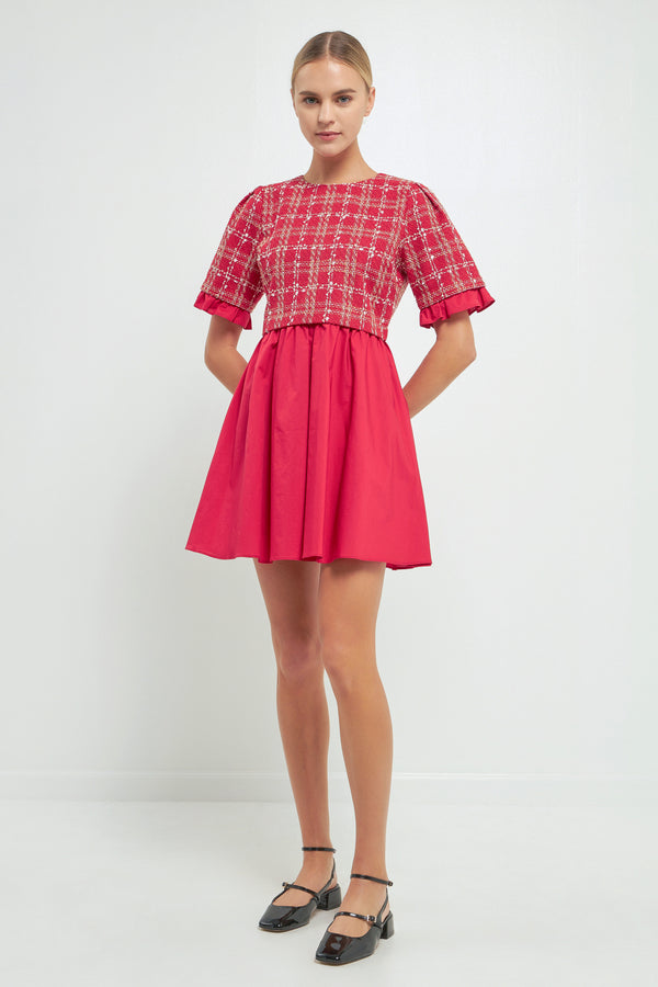 english factory Mixed Media Tweed Mini Dress RED