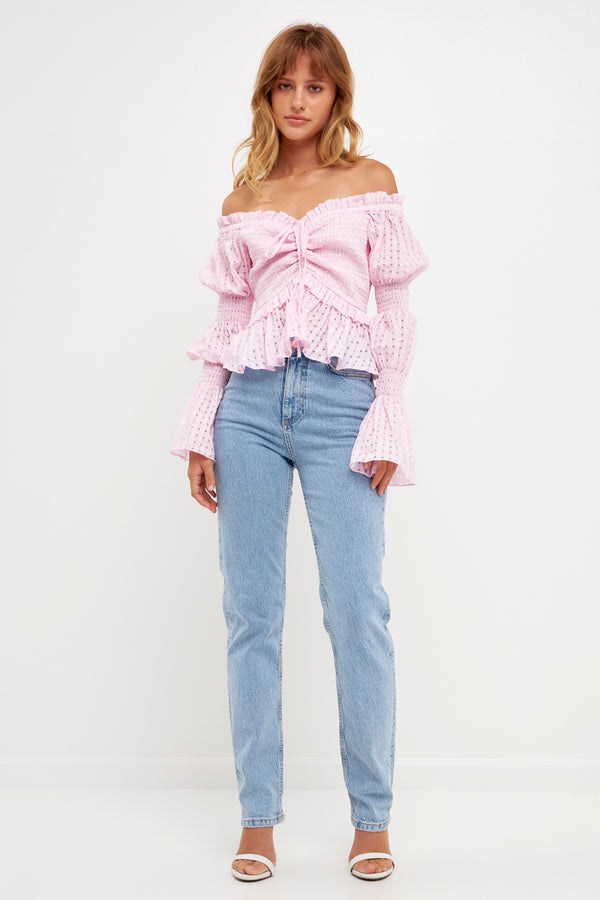 english factory Off the Shoulder Smocked Top PINK