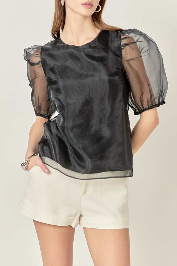 English Factory Organza Puff Sleeve Top BLACK