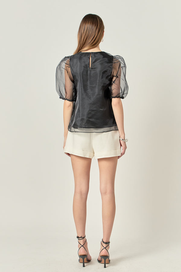 English Factory Organza Puff Sleeve Top BLACK