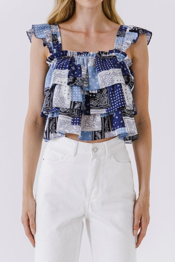 English Factory Paisley Ruffled Top BLUE MULTI