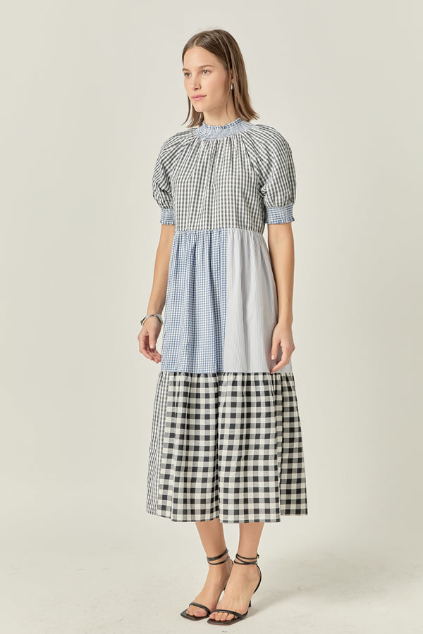 English Factory Patchwork Gingham Midi Dress MULTI