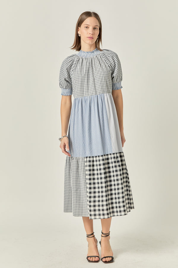 english factory Patchwork Gingham Midi Dress MULTI