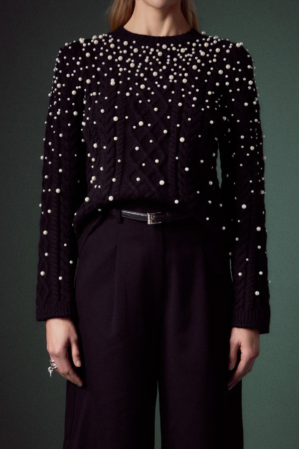 English Factory Pearl Cable Sweater HEATHER GREY