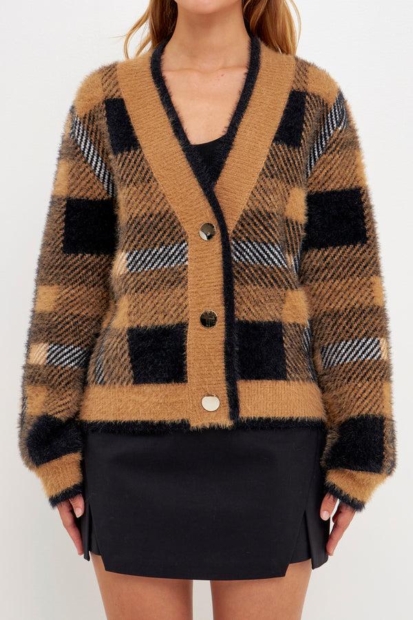 English Factory Plaid Cardigan CAMEL