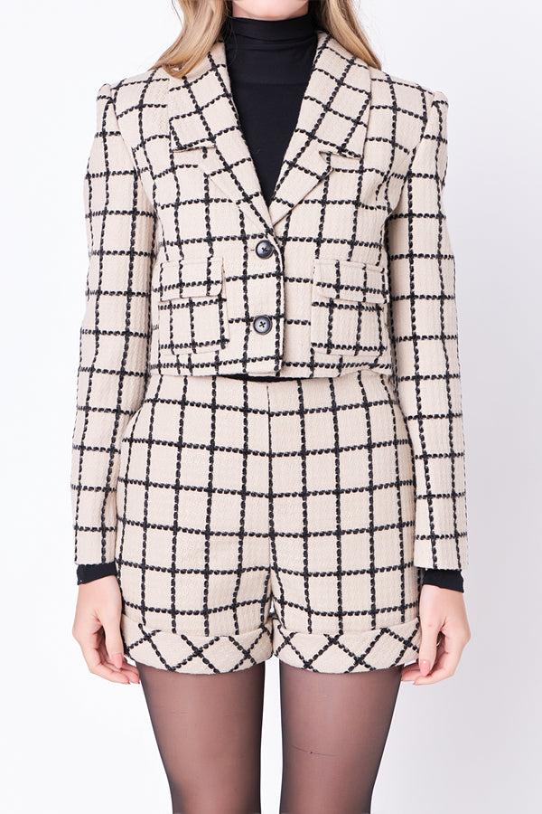 English Factory Plaid Cropped Blazer BEIGE/BLACK