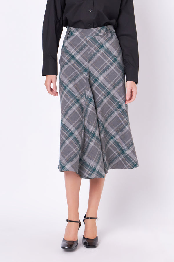 English Factory Plaid Midi A Line Skirt GREY/GREEN
