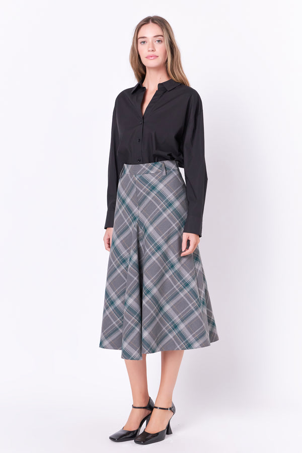 English Factory Plaid Midi A Line Skirt GREY/GREEN