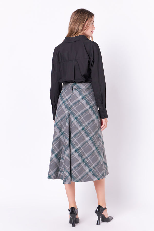 English Factory Plaid Midi A Line Skirt GREY/GREEN