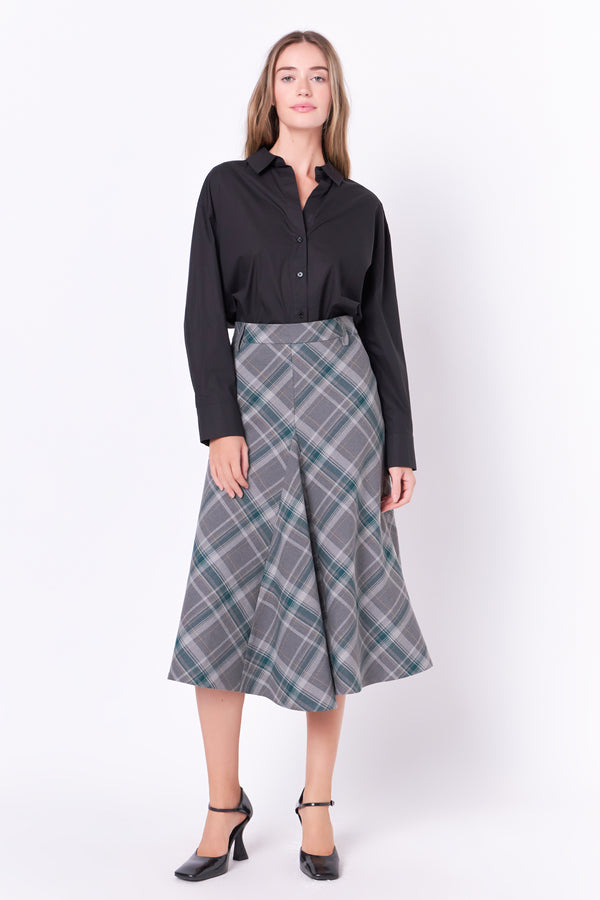 english factory Plaid Midi A Line Skirt GREY/GREEN