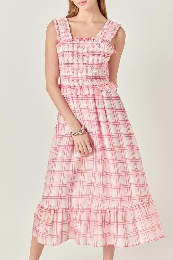 English Factory Plaid Ruffled Midi Dress RED