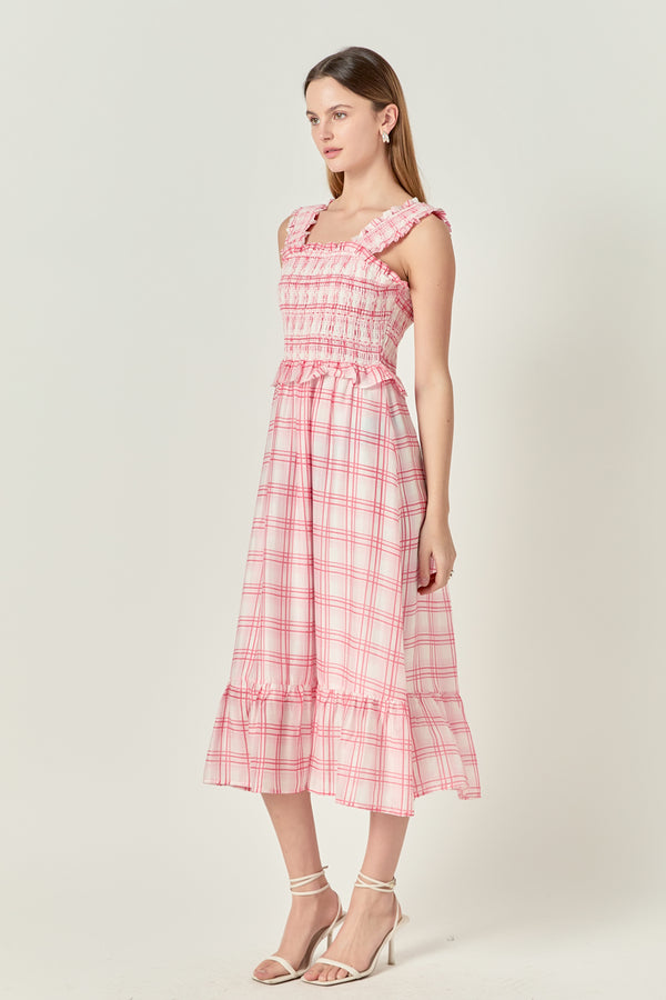 English Factory Plaid Ruffled Midi Dress RED