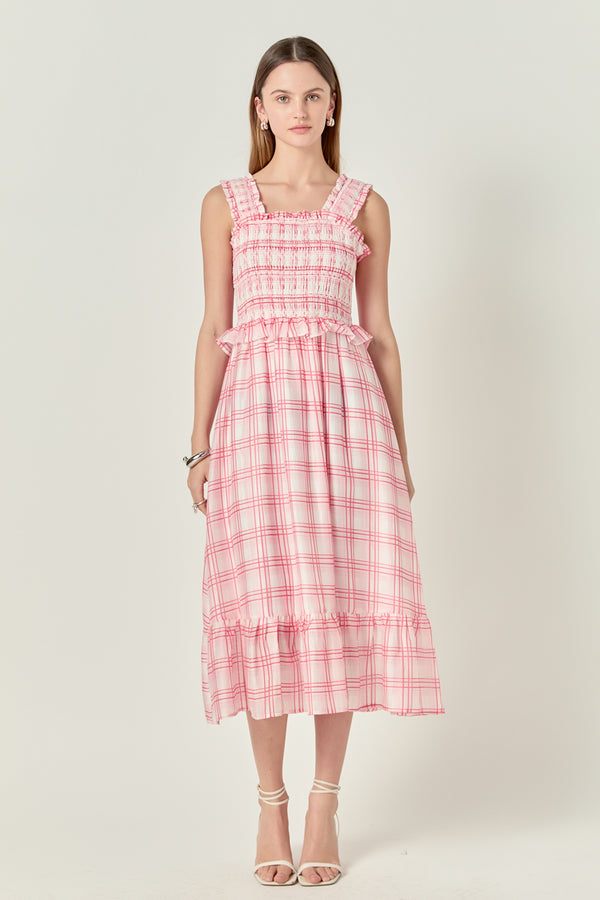 english factory Plaid Ruffled Midi Dress RED