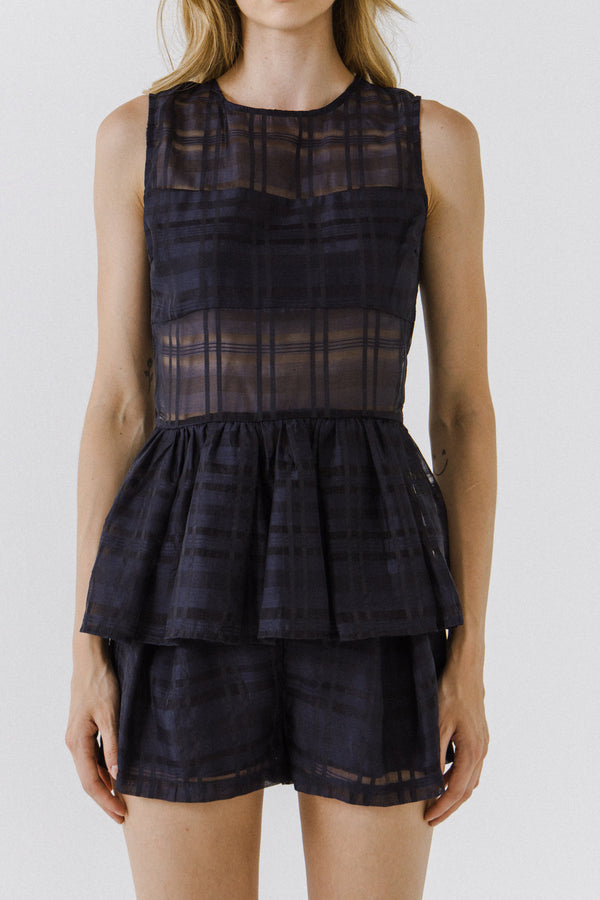 English Factory Plaid Sleeveless Peplum Top NAVY