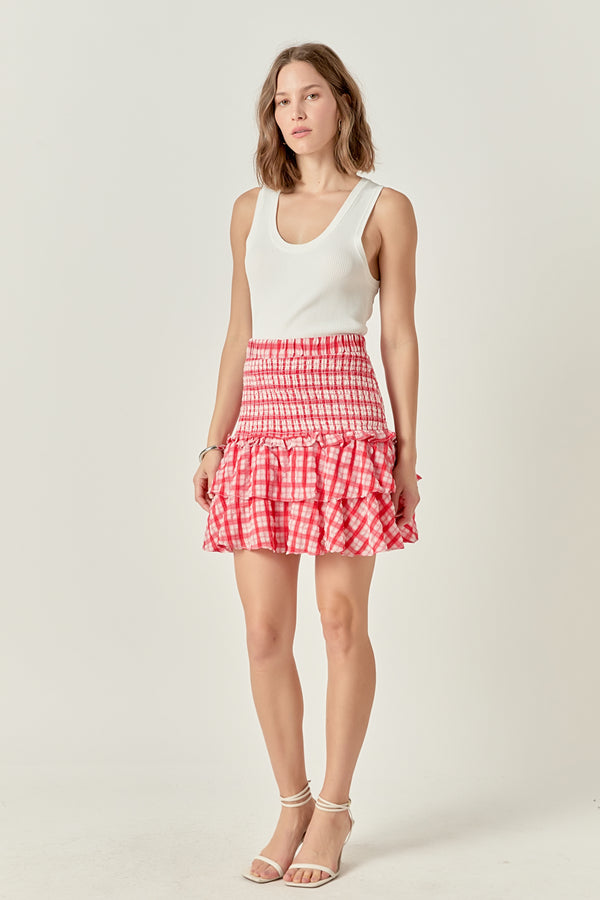 English Factory Plaid Smocked Mini Skirt RED