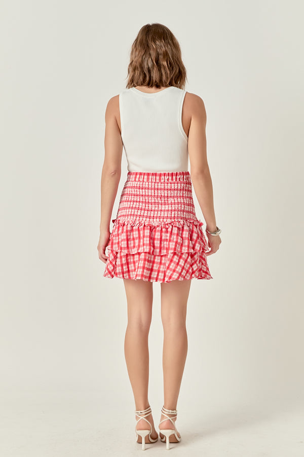 English Factory Plaid Smocked Mini Skirt RED