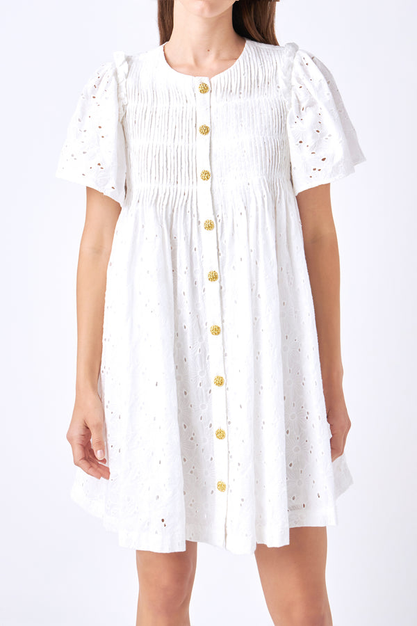 English Factory Pleated Eyelet Mini Dress WHITE