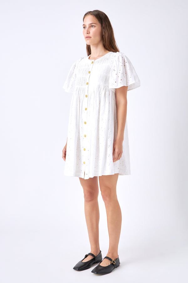 English Factory Pleated Eyelet Mini Dress WHITE