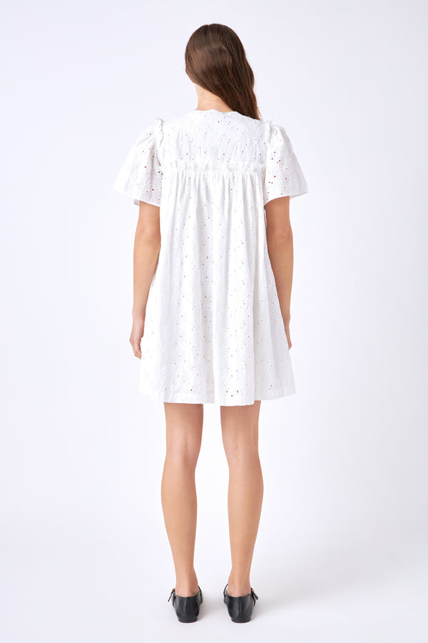 English Factory Pleated Eyelet Mini Dress WHITE