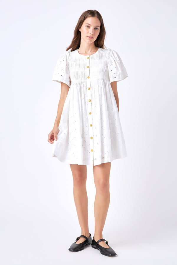 english factory Pleated Eyelet Mini Dress WHITE