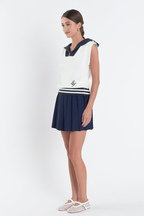 English Factory Pleated Mini Knit Skirt NAVY/WHITE
